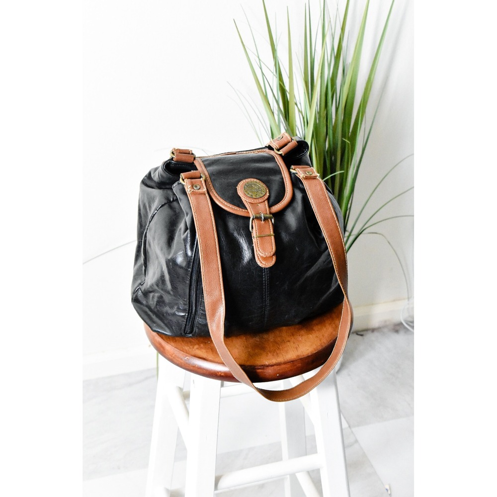 Michael Stevens Shoulder Bag Women Large Black Tan Vintage Buckle Satchel